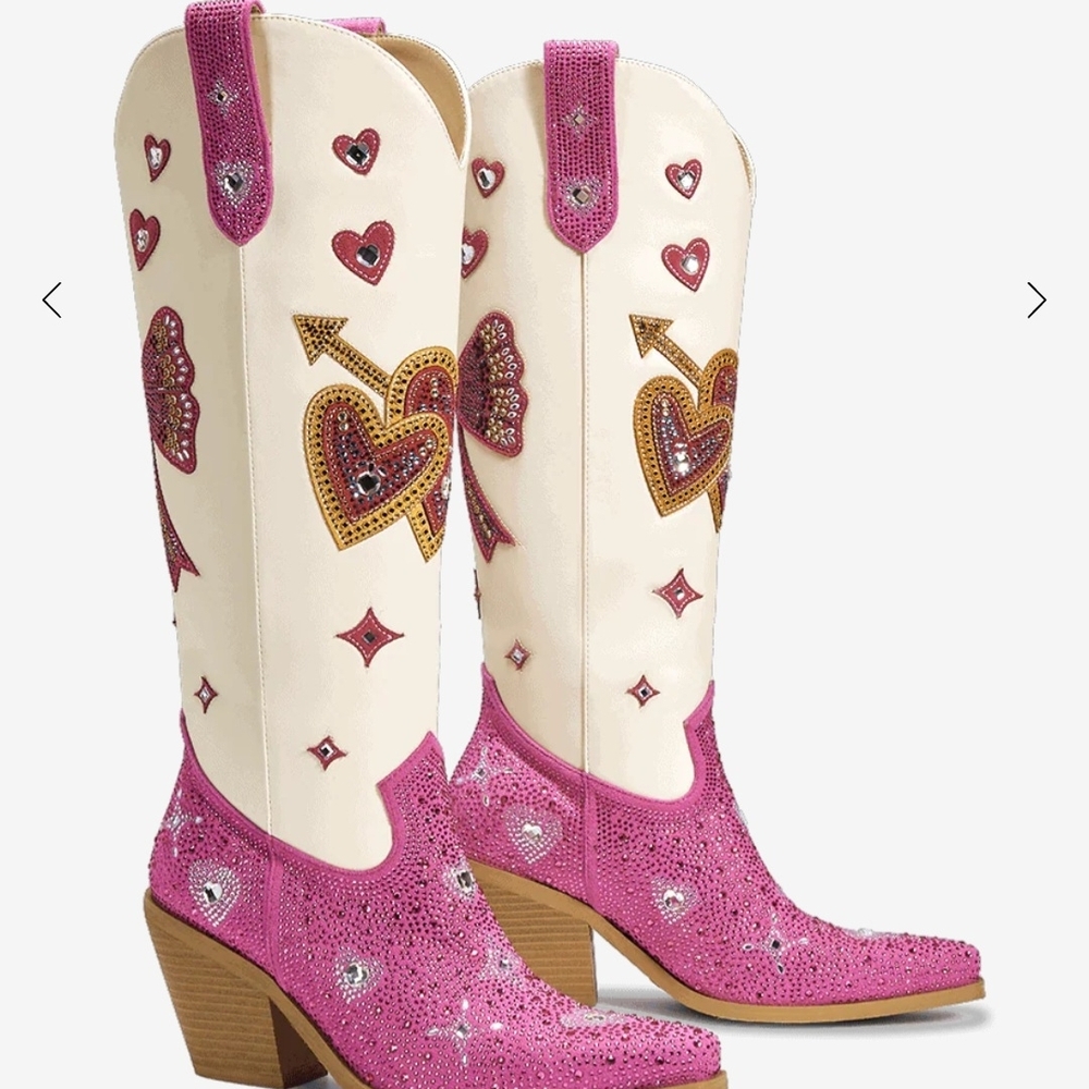 Heart Embellished Pink and Cream Ankle Boots - Picture 2 of 3